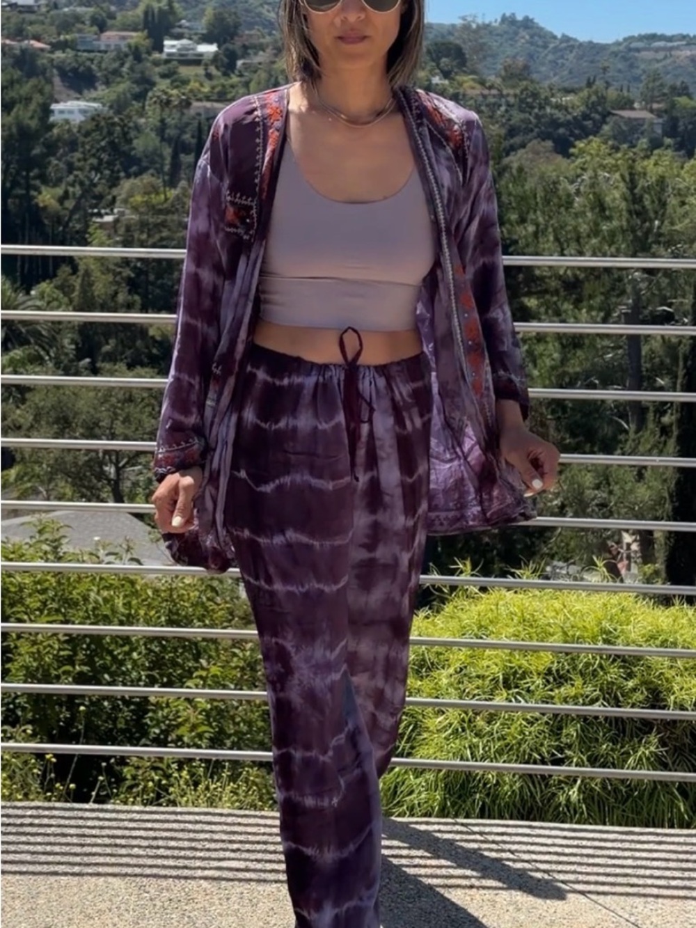 Sun Child 2PC silk Purple Tie-Dye Jacket & Pants Festival Coachella one size